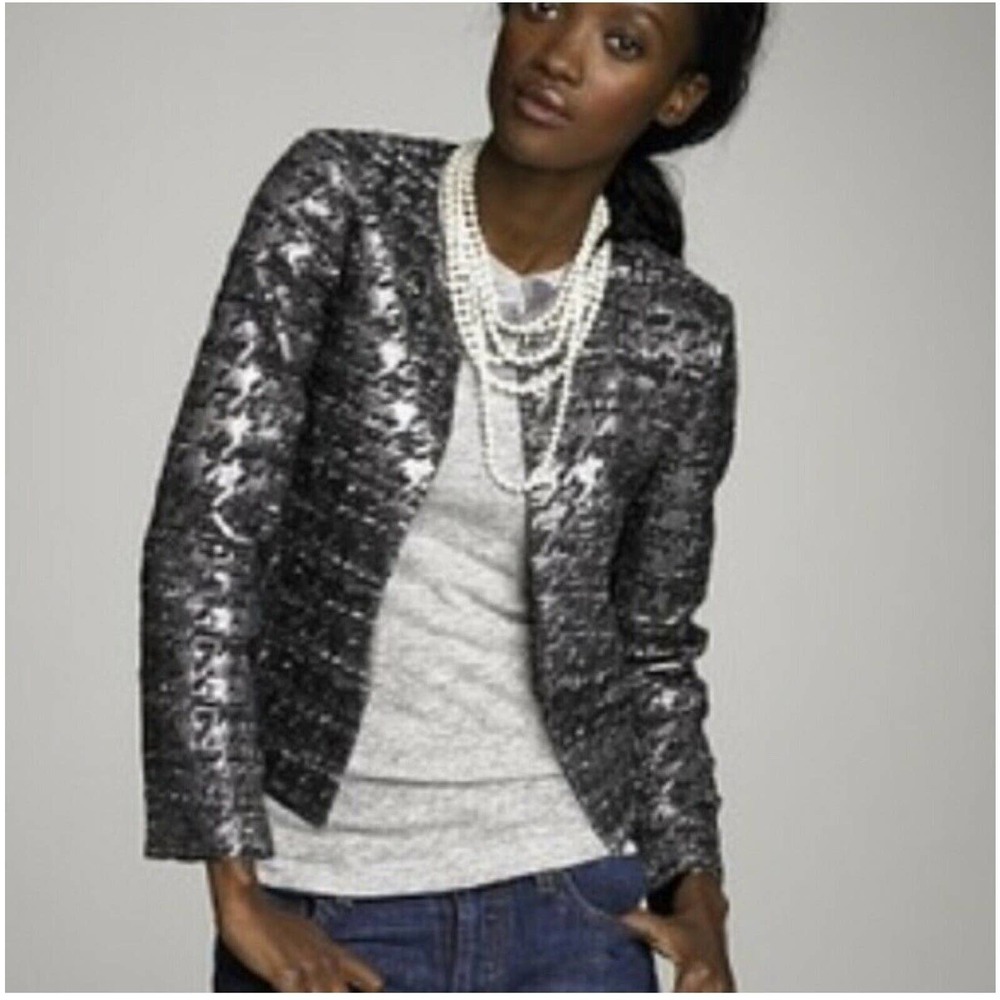 J. Crew Collection 4 S Grey Wool Blend Metallic Houndstooth Phoebe Jacket 11377